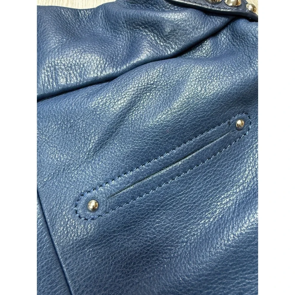 B Makowsky Blue Pebbled 100% Genuine Leather Studded Hobo Bag Purse Grunge Punk